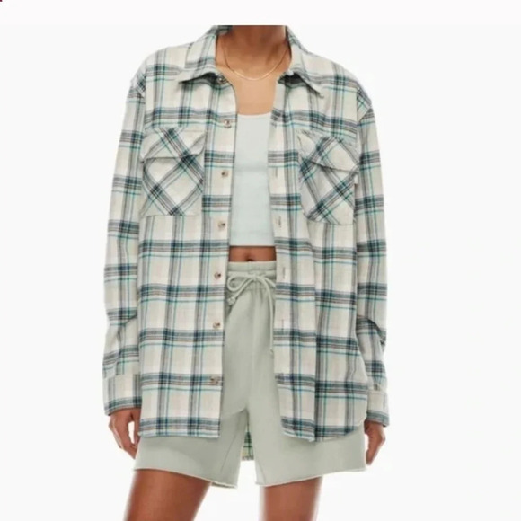TNA Plaid Oversized Shirt button front flannel Fiona cream brown blue medium - Picture 1 of 13